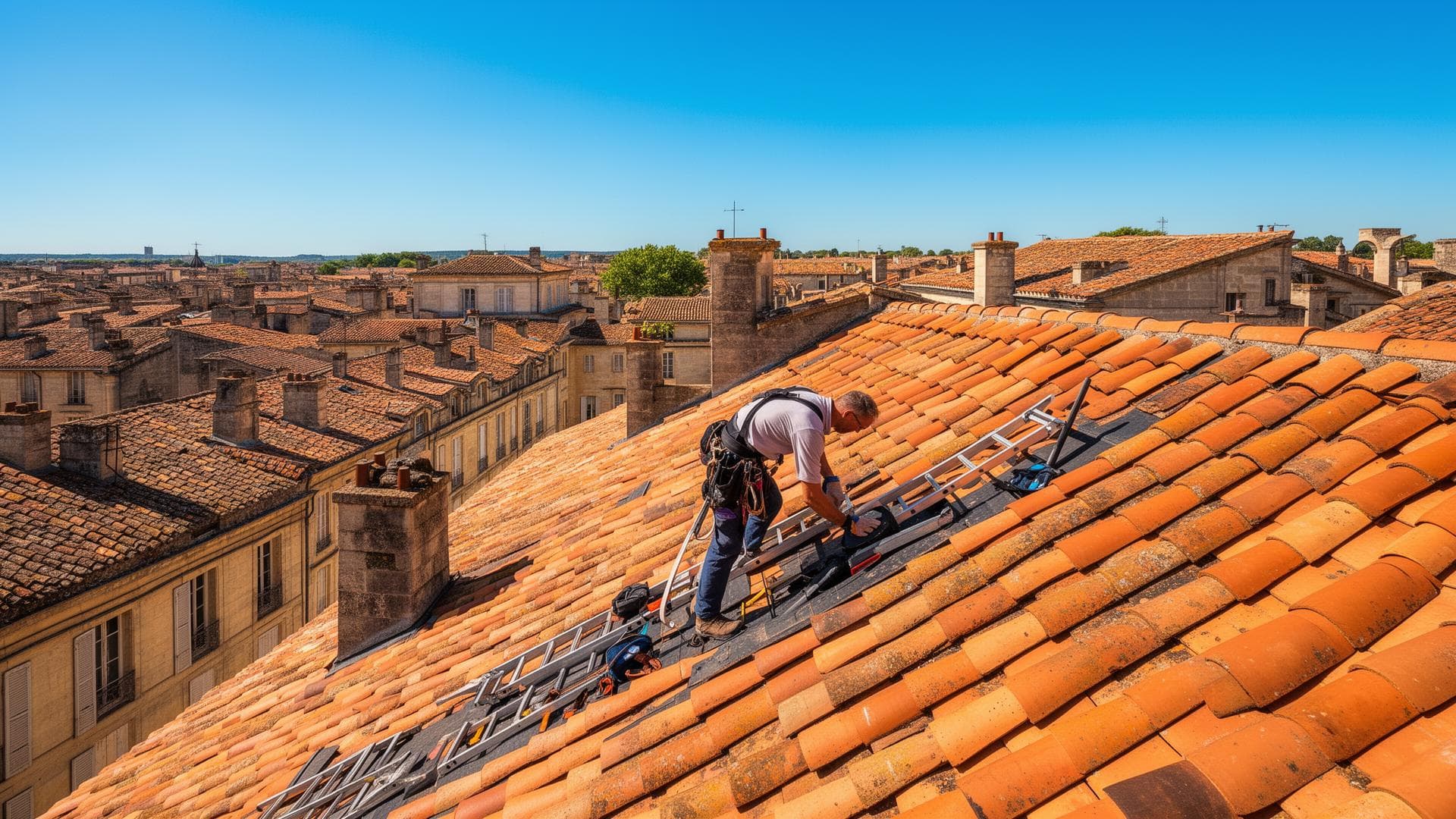 Couvreur au travail sur les toits à Libourne